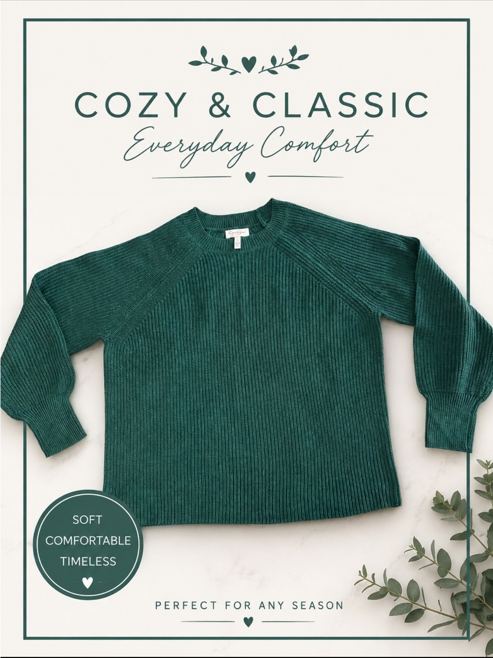 Cozy Classic Women's Crewneck Sweater - Deep Green. Brand new